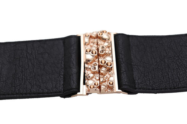 Brand New Women Fashion Black Elastic Waistband Fashion Belt Gold Metal Skulls Buckle Fit Size S M