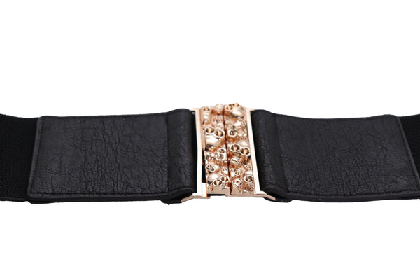 Brand New Women Fashion Black Elastic Waistband Fashion Belt Gold Metal Skulls Buckle Fit Size S M