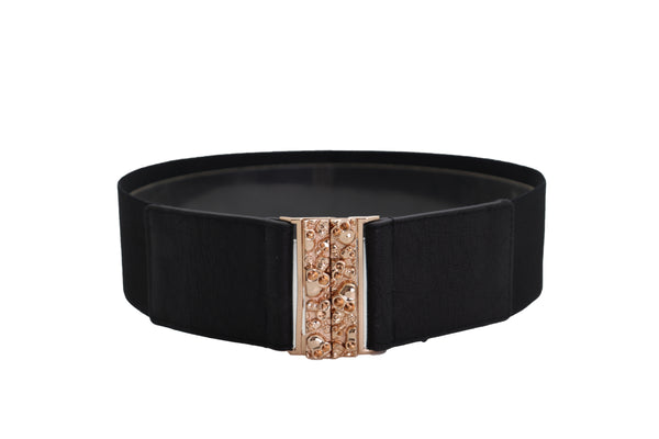 Brand New Women Fashion Black Elastic Waistband Fashion Belt Gold Metal Skulls Buckle Fit Size S M