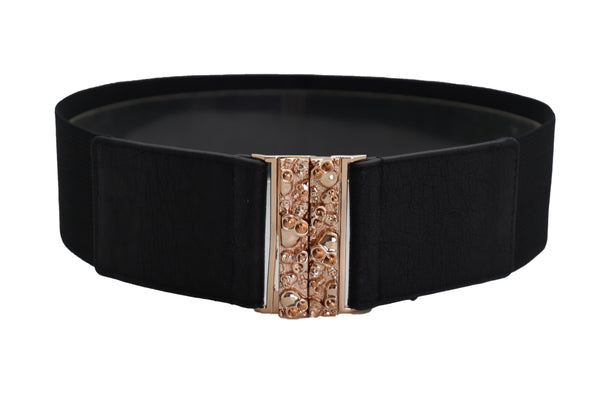 Brand New Women Fashion Black Elastic Waistband Fashion Belt Gold Metal Skulls Buckle Fit Size S M