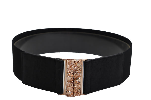 Brand New Women Fashion Black Elastic Waistband Fashion Belt Gold Metal Skulls Buckle Fit Size S M