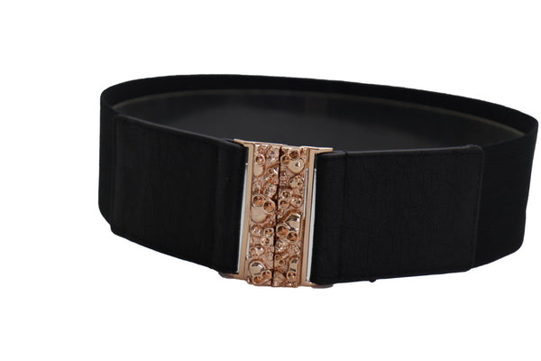 Brand New Women Fashion Black Elastic Waistband Fashion Belt Gold Metal Skulls Buckle Fit Size S M