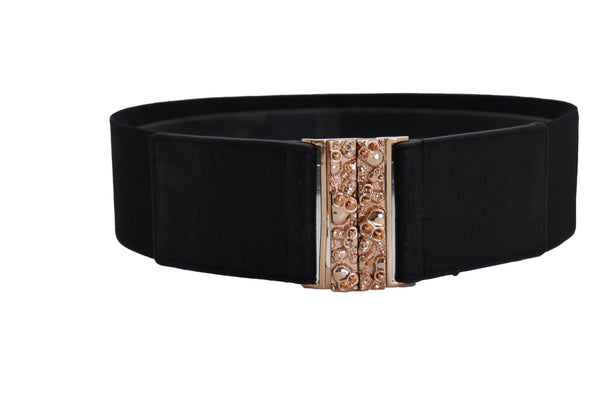 Brand New Women Fashion Black Elastic Waistband Fashion Belt Gold Metal Skulls Buckle Fit Size S M