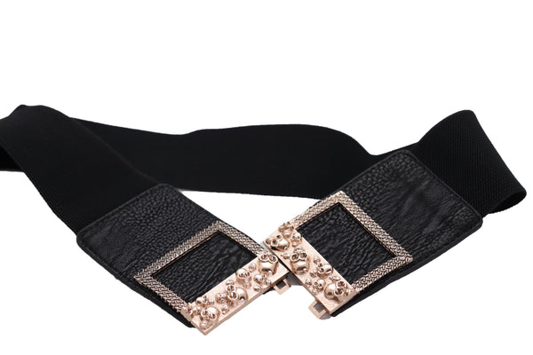 Brand New Women Wide Black Faux Leather Elastic Band Belt Gold Metal Skulls Buckle Fit S M