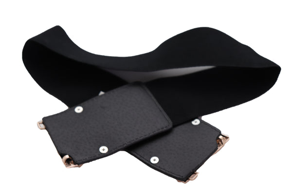 Brand New Women Wide Black Faux Leather Elastic Band Belt Gold Metal Skulls Buckle Fit S M