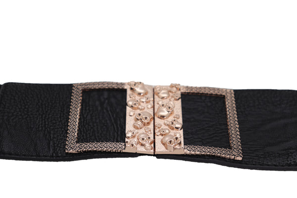 Brand New Women Wide Black Faux Leather Elastic Band Belt Gold Metal Skulls Buckle Fit S M