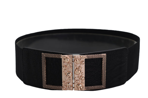 Brand New Women Wide Black Faux Leather Elastic Band Belt Gold Metal Skulls Buckle Fit S M