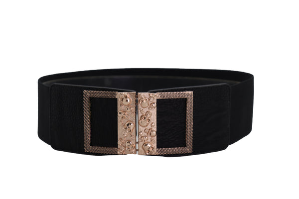Brand New Women Wide Black Faux Leather Elastic Band Belt Gold Metal Skulls Buckle Fit S M