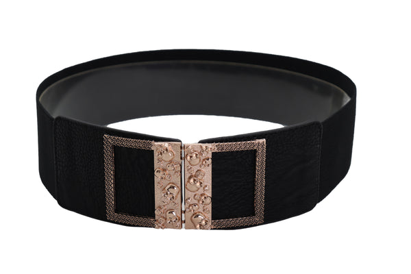 Brand New Women Wide Black Faux Leather Elastic Band Belt Gold Metal Skulls Buckle Fit S M