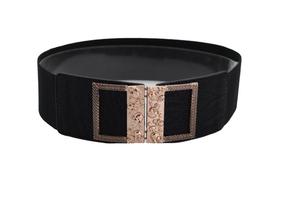Brand New Women Wide Black Faux Leather Elastic Band Belt Gold Metal Skulls Buckle Fit S M