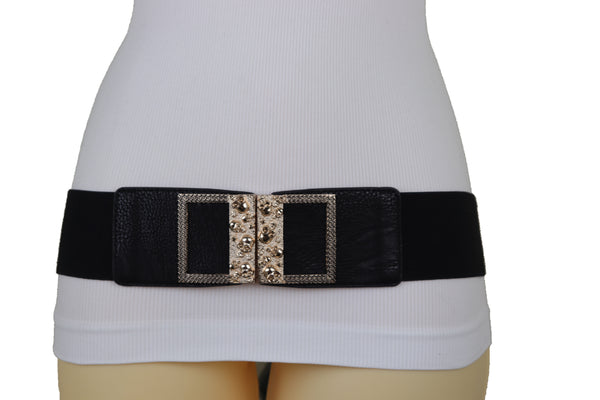 Brand New Women Wide Black Faux Leather Elastic Band Belt Gold Metal Skulls Buckle Fit S M