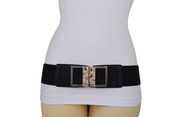 Brand New Women Wide Black Faux Leather Elastic Band Belt Gold Metal Skulls Buckle Fit S M