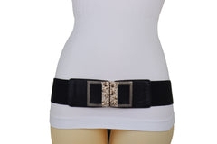 Wide Black Faux Leather Elastic Band Belt Gold Metal Skulls Buckle Fit S M
