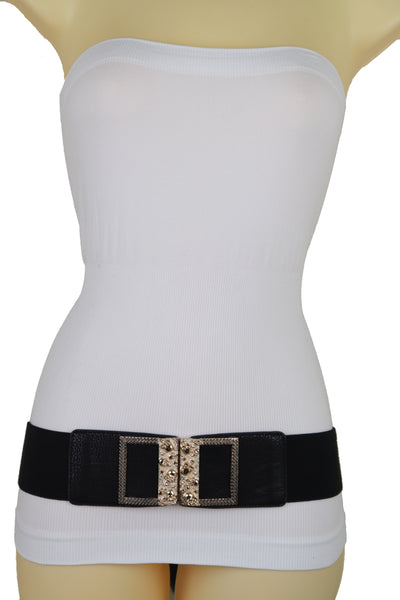 Brand New Women Wide Black Faux Leather Elastic Band Belt Gold Metal Skulls Buckle Fit S M