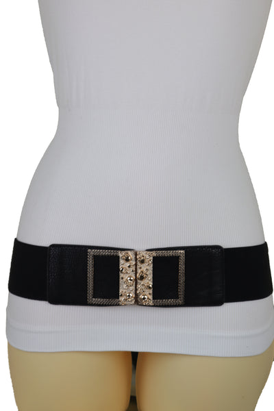 Brand New Women Wide Black Faux Leather Elastic Band Belt Gold Metal Skulls Buckle Fit S M