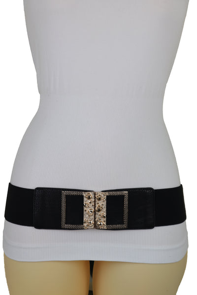 Brand New Women Wide Black Faux Leather Elastic Band Belt Gold Metal Skulls Buckle Fit S M