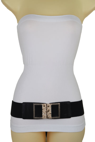 Brand New Women Wide Black Faux Leather Elastic Band Belt Gold Metal Skulls Buckle Fit S M