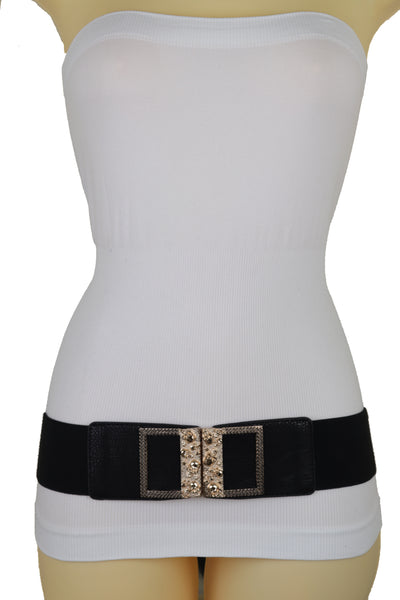 Brand New Women Wide Black Faux Leather Elastic Band Belt Gold Metal Skulls Buckle Fit S M