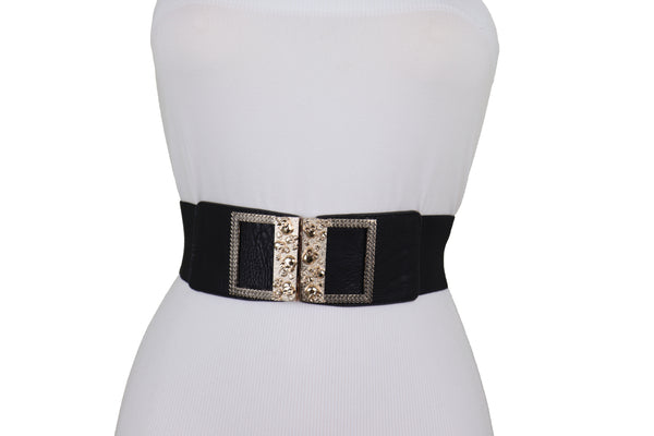 Brand New Women Wide Black Faux Leather Elastic Band Belt Gold Metal Skulls Buckle Fit S M