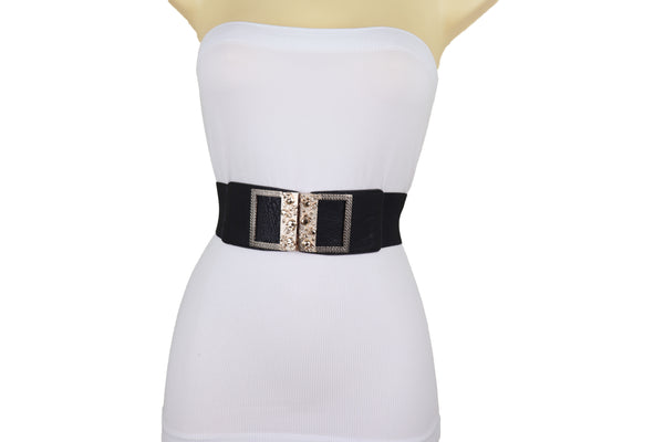 Brand New Women Wide Black Faux Leather Elastic Band Belt Gold Metal Skulls Buckle Fit S M