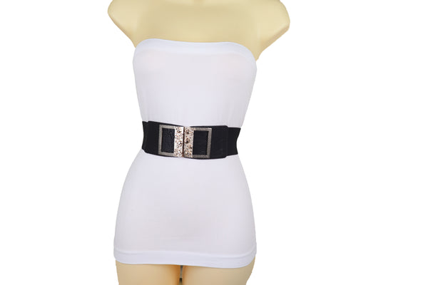 Brand New Women Wide Black Faux Leather Elastic Band Belt Gold Metal Skulls Buckle Fit S M