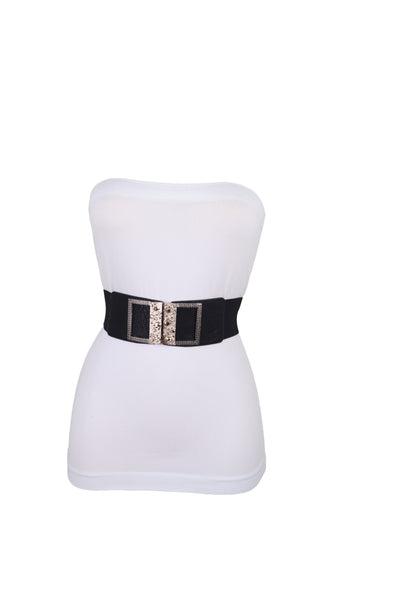 Brand New Women Wide Black Faux Leather Elastic Band Belt Gold Metal Skulls Buckle Fit S M