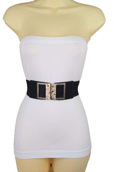 Brand New Women Wide Black Faux Leather Elastic Band Belt Gold Metal Skulls Buckle Fit S M