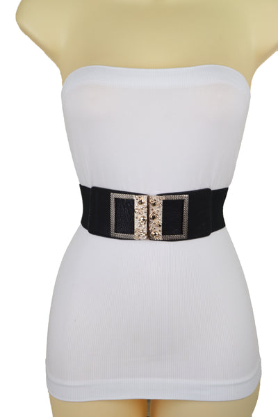 Brand New Women Wide Black Faux Leather Elastic Band Belt Gold Metal Skulls Buckle Fit S M