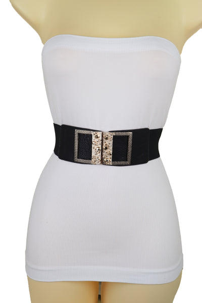 Brand New Women Wide Black Faux Leather Elastic Band Belt Gold Metal Skulls Buckle Fit S M