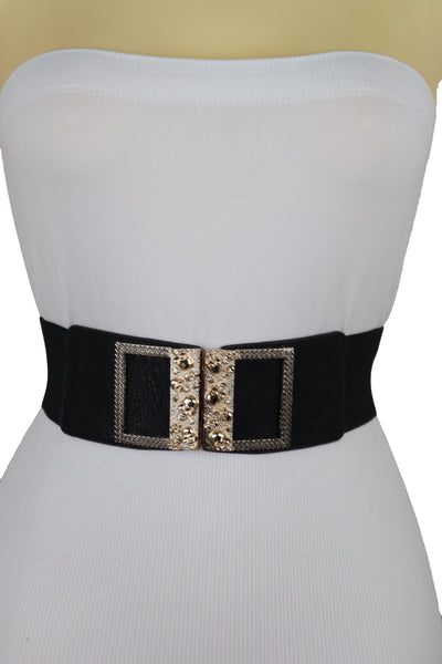 Brand New Women Wide Black Faux Leather Elastic Band Belt Gold Metal Skulls Buckle Fit S M