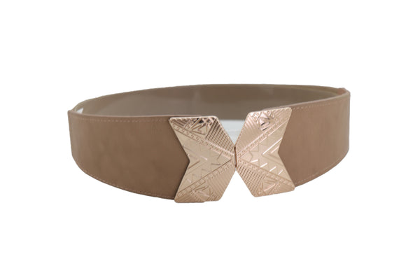 Brand New Women Fashion Beige Faux Leather Elastic Belt Hip Waist Gold Metal Buckle S M