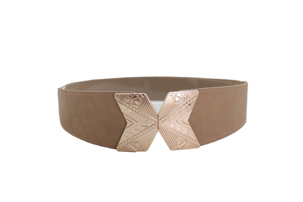 Brand New Women Fashion Beige Faux Leather Elastic Belt Hip Waist Gold Metal Buckle S M
