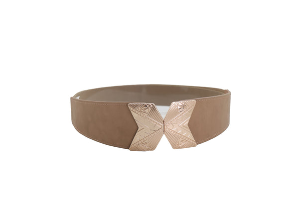 Brand New Women Fashion Beige Faux Leather Elastic Belt Hip Waist Gold Metal Buckle S M