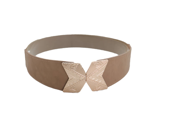 Brand New Women Fashion Beige Faux Leather Elastic Belt Hip Waist Gold Metal Buckle S M