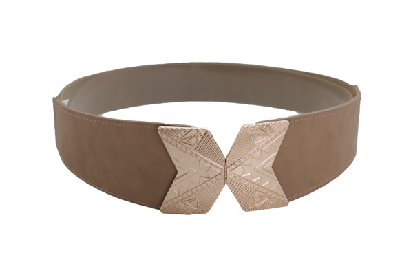 Brand New Women Fashion Beige Faux Leather Elastic Belt Hip Waist Gold Metal Buckle S M