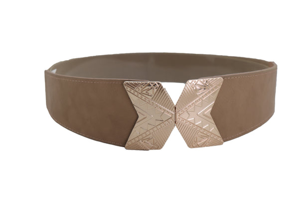 Brand New Women Fashion Beige Faux Leather Elastic Belt Hip Waist Gold Metal Buckle S M