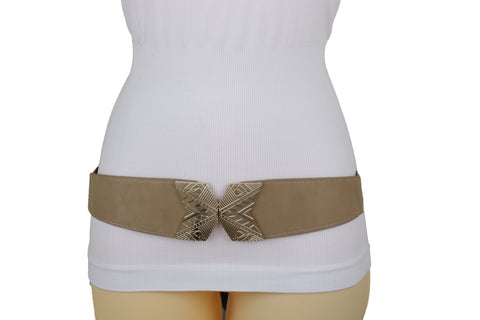 Brand New Women Fashion Beige Faux Leather Elastic Belt Hip Waist Gold Metal Buckle S M