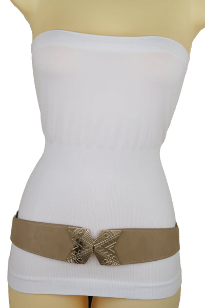 Brand New Women Fashion Beige Faux Leather Elastic Belt Hip Waist Gold Metal Buckle S M