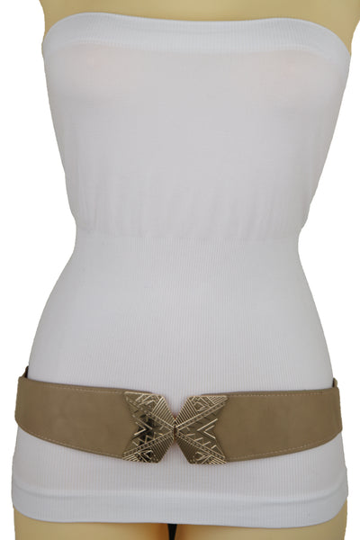 Brand New Women Fashion Beige Faux Leather Elastic Belt Hip Waist Gold Metal Buckle S M