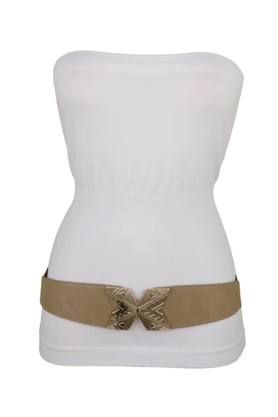 Brand New Women Fashion Beige Faux Leather Elastic Belt Hip Waist Gold Metal Buckle S M