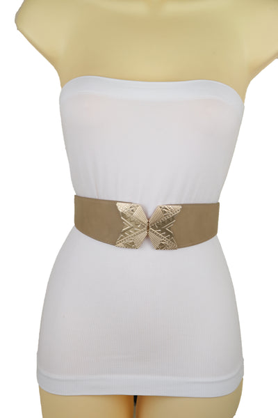 Brand New Women Fashion Beige Faux Leather Elastic Belt Hip Waist Gold Metal Buckle S M