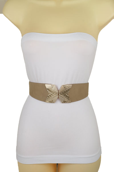Brand New Women Fashion Beige Faux Leather Elastic Belt Hip Waist Gold Metal Buckle S M