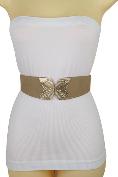 Brand New Women Fashion Beige Faux Leather Elastic Belt Hip Waist Gold Metal Buckle S M