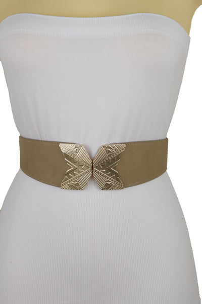 Brand New Women Fashion Beige Faux Leather Elastic Belt Hip Waist Gold Metal Buckle S M