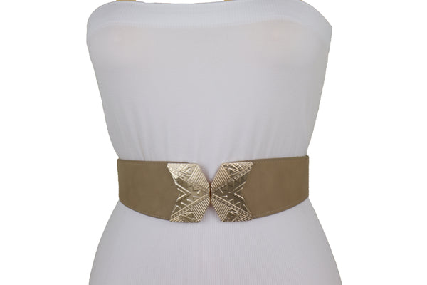 Brand New Women Fashion Beige Faux Leather Elastic Belt Hip Waist Gold Metal Buckle S M
