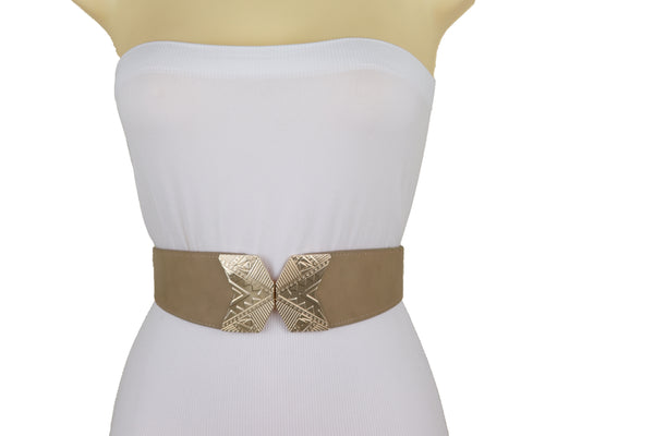 Brand New Women Fashion Beige Faux Leather Elastic Belt Hip Waist Gold Metal Buckle S M