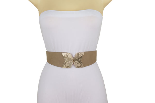 Brand New Women Fashion Beige Faux Leather Elastic Belt Hip Waist Gold Metal Buckle S M