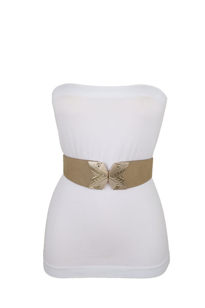 Brand New Women Fashion Beige Faux Leather Elastic Belt Hip Waist Gold Metal Buckle S M