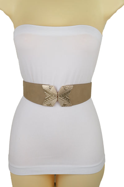 Brand New Women Fashion Beige Faux Leather Elastic Belt Hip Waist Gold Metal Buckle S M