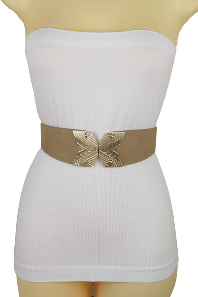 Brand New Women Fashion Beige Faux Leather Elastic Belt Hip Waist Gold Metal Buckle S M